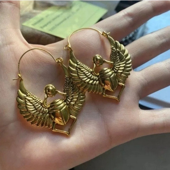 Beetle ONYX BRASS EARRINGS - EGYPTIAN RALISMAN INSECT JEWELRY - Picture 4 of 5